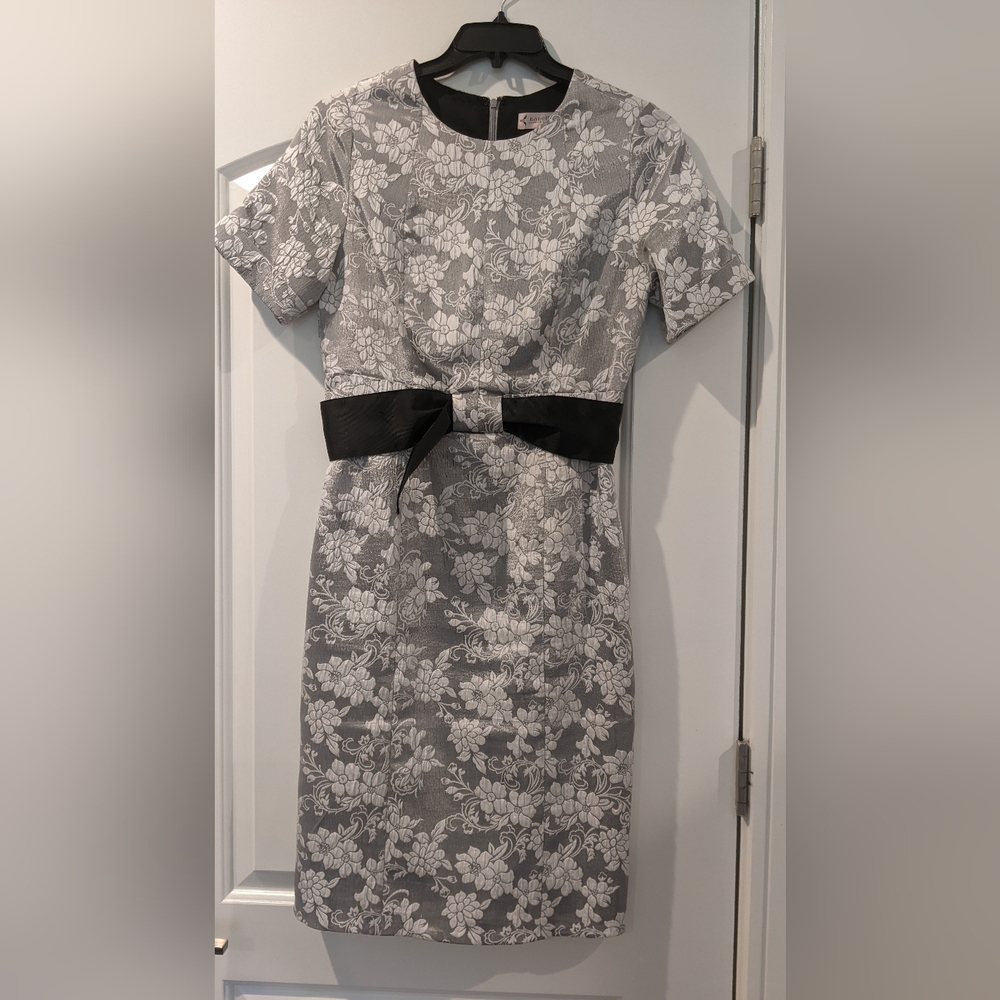 Nanette Lepore Silver Floral Dress with Bow Belt